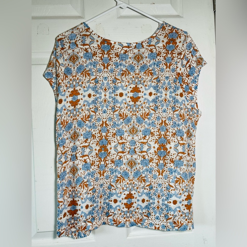 Rachel Zoe 100 Linen Elegant Tunic Top Cream and Blue short Sleeve, Boat Neck XL